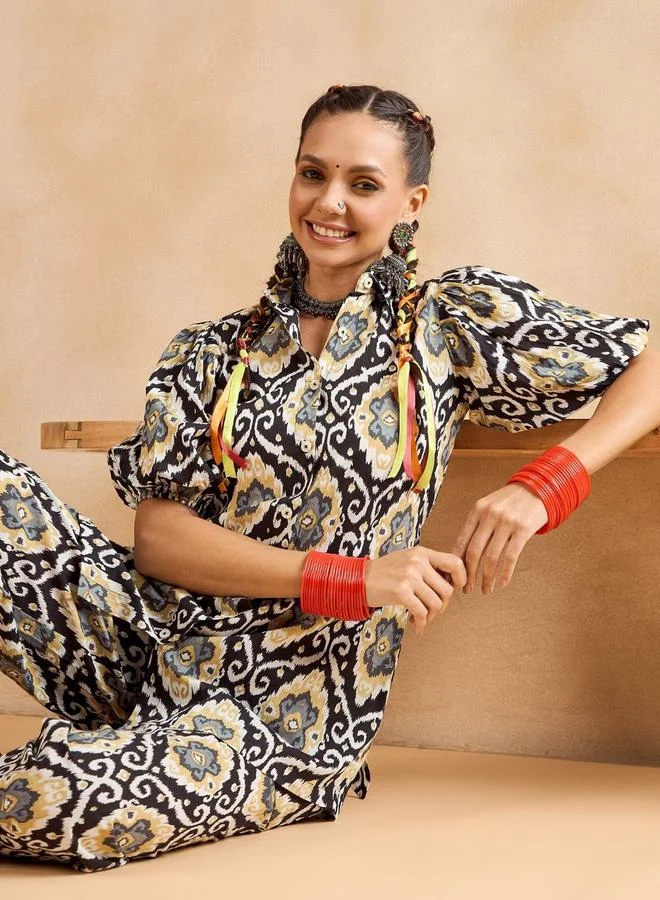 WineRed طقم تونيك مطبوع بنمط هندسي مع بنطال